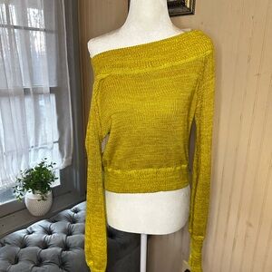 Free People Off Shoulder Cropped Sweater Mustard Yellow Rib Knit Long Sleeve S